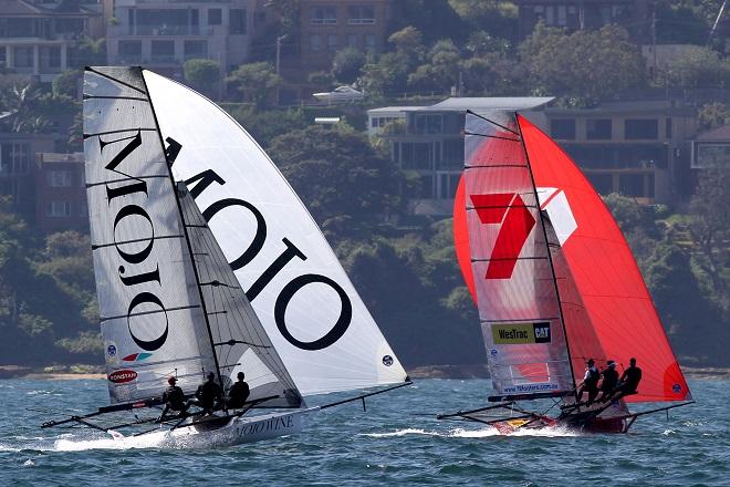 Mojo Wine chases Gotta Love It 7 on the tight spinnaker run to Chowder Bay - 2014-2015 Australian 18 Footers - Club Championship  © Australian 18 Footers League http://www.18footers.com.au